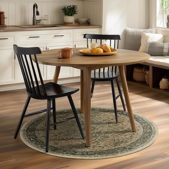 Round Washable Rugs 4ft for Bedroom Living Room, Low Pile Thin Entryway Area Rugs Non Slip, Traditional Medallion Printed Circle Carpet for Kitchen Dining Room, Multi Brown/Green