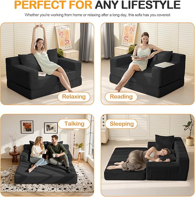 Loveseat Boneless Convertible Sofa Bed, Folding Floor Futon Sleeper Sofa Couch Bed- Boneless Foldable Couch, Corduroy Pull Out Sofa Bed with 2 Pillows for Living Room & Bedroom