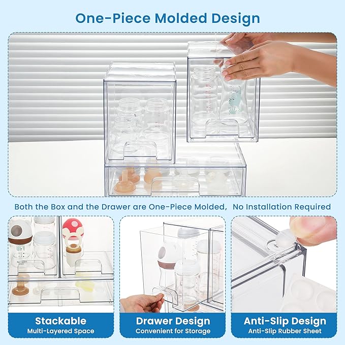Baby Bottle Storage Organizer - Acrylic Storage Containers, Clear Stackable Drawer Baby Bottle Station Organizer for Countertop Cabinet, BPA-Free, Lead-Free (1 Wide+2 High, Clear)