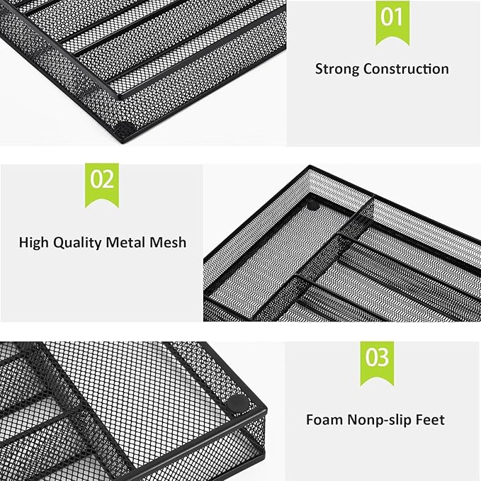 Neudeco Silverware Drawer Organizer Holder, Cutlery Tray Silverware Flatware Storage Divider for Kitchen, Bedroom, Living Room,Mesh Wire with Non-slip foam Feet, 5 Compoment（Black）