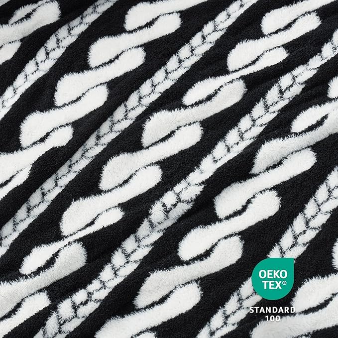 Amélie Home Knit Throw Blanket for Couch, Super Soft Fuzzy Cozy Throw, Giftable Knitted Blanket for Women Men, Birthday, Sofa Bed Living Room Decor, 50" x 60", Cable Black & White