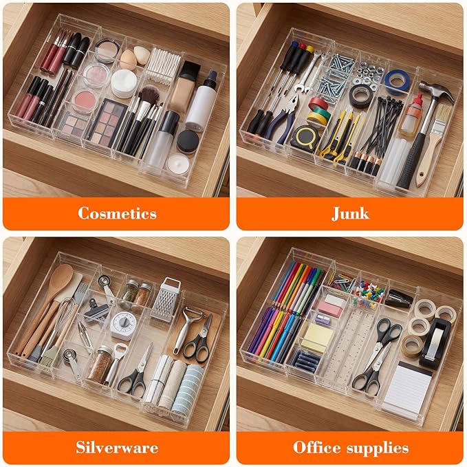 1 Pcs Acrylic Desk Drawer Organizer 2 Inch Height Expandable Drawer Organizer Trays with 10 Adjustable Compartments Desk Accessories for Makeup Silverware Office Bathroom(Clear)