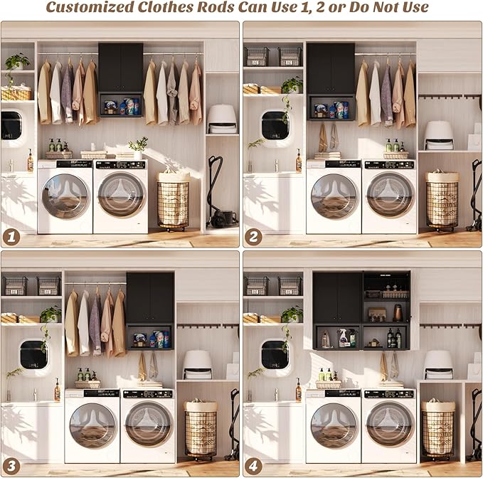 Homieasy Wall Cabinet with 2 Hanging Rods, 67'' Wide Laundry Wall Cabinet with 2 Doors, Open Rack & Adjustable Inner Shelf, Storage Cabinet Wall Mounted for Laundry & Bathroom, Black