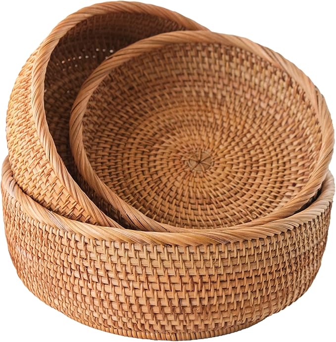 Rattan Bread Baskets for Serving - Woven Round Wicker 3 PK