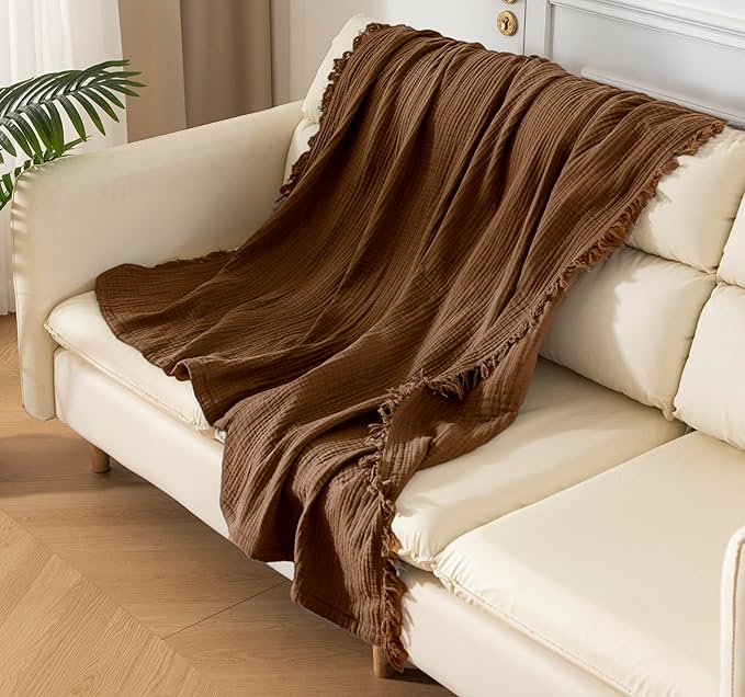 KyraHome 100% Cotton Throw Blankets, 90“x90” Queen, Organic Cotton Blanket, Plant Dyed, Breathable Lightweight Muslin Blankets for Adult, Kids, Bed, Couch, All Season, (Brown)
