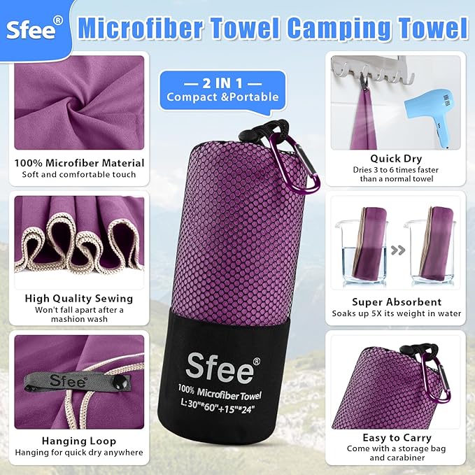 2 Pack Microfiber Travel Towel, Quick Dry & Super Absorbent, Lightweight, Rectangular Bath Towel, Modern Purple Sports Towel for Gym, Hiking, Pool, Backpacking, Bath, Yoga
