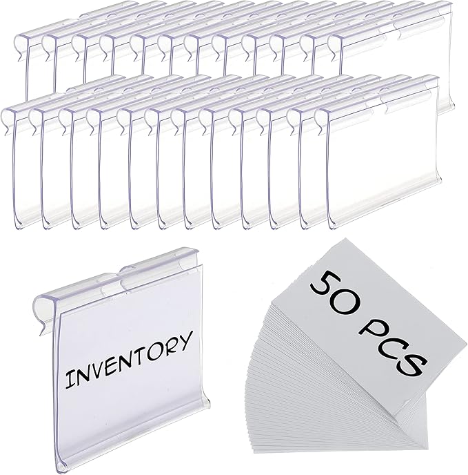 50pcs Labels for Storage Bins Plastic Label Clip, Basket Labels Clip On Wire Shelf Price Label Holder Merchandise Sign Display Holder, 50pcs Label Insert Included (2.76IN*1.57IN)