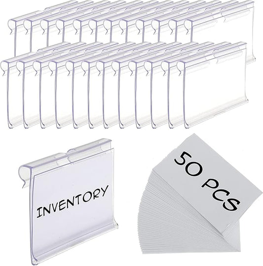 50pcs Labels for Storage Bins Plastic Label Clip, Basket Labels Clip On Wire Shelf Price Label Holder Merchandise Sign Display Holder, 50pcs Label Insert Included (3.54IN*1.57IN)