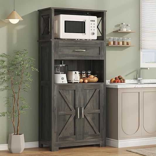 Semoic 55" Farmhouse Kitchen Pantry Cabinet, 5-Tier Pantry Storage Cabinet with 2 Barn Doors and Drawer, Tall Sideboard Buffet Cupboards Storage Shelf for Home Office Use (Brown 12" D x 24" W x 55" H)