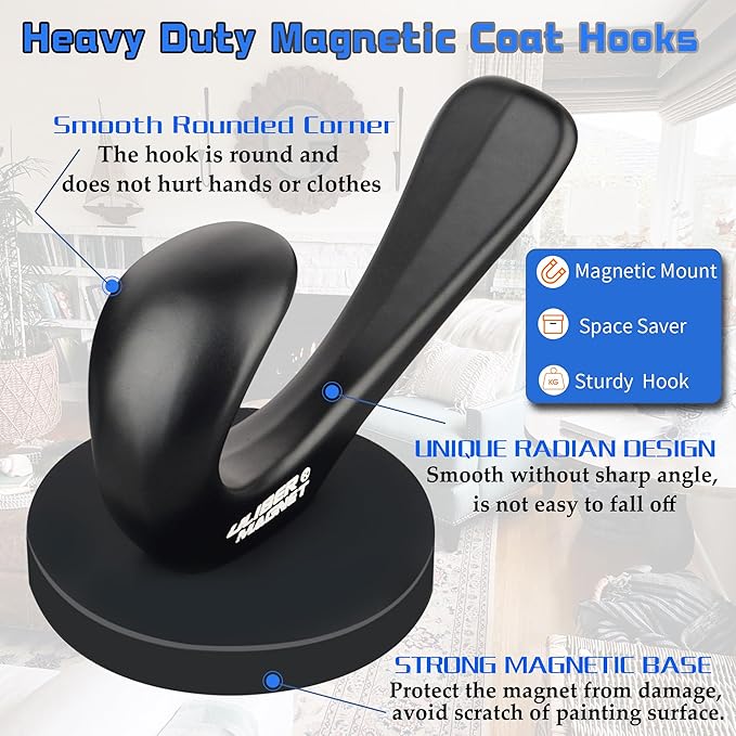 ULIBERMAGNET Strong Magnetic Coat Hooks, 2 Pack Heavy Duty Magnetic Double Hooks, Rubber Magnets Hooks for Coat Robe Towel Key Hat Clothes Jacket (Black)