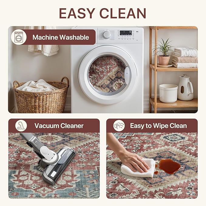 GENIMO 5X7 Washable Vintage Area Rugs for Living Room, Non-Slip Low Pile Chenille Print Rug, Soft Rugs for Bedroom Dining Room Home Office, Indigo & Flush