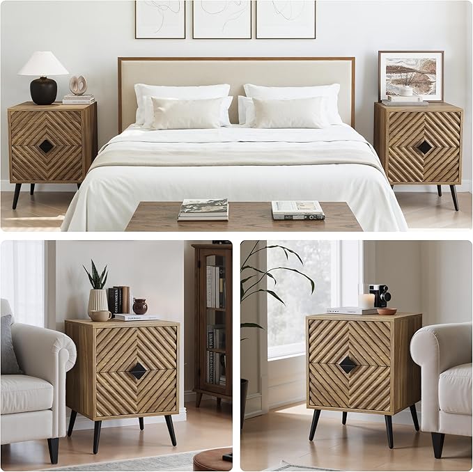 Smuxee Walnut Wooden Nightstand with 2 Drawers, Mid Century Night Stand with Fluted Diamond Doors, Bedside Table with Metal Feet, Modern End Side Table for Bedroom
