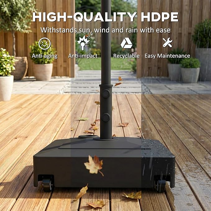 Outsunny Outdoor Umbrella Stand Base with Wheels, Heavy Duty Patio Umbrella Base Holder, Filled Up to 134 lbs with Stand or 88 lbs with Water for 1.38", 1.5", 1.89" Poles for Garden, Poolside, Black