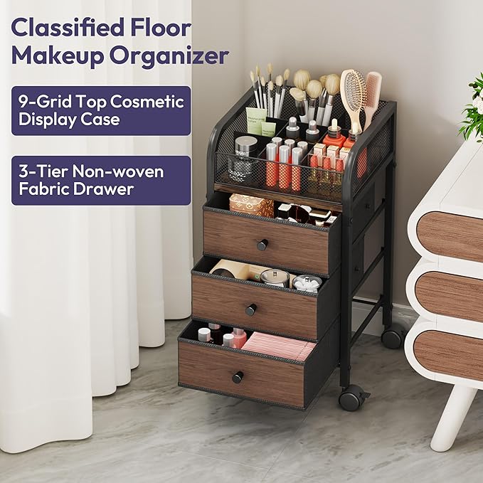 SWTYMIKI Rolling Makeup Organizer Cart - Floor Skincare Make Up Storage with 3 Non-woven Drawers, Vanity Organizer Cosmetic Display Cases Cabinet for Skin Care Perfume Nail Polish Brush Hair Tool