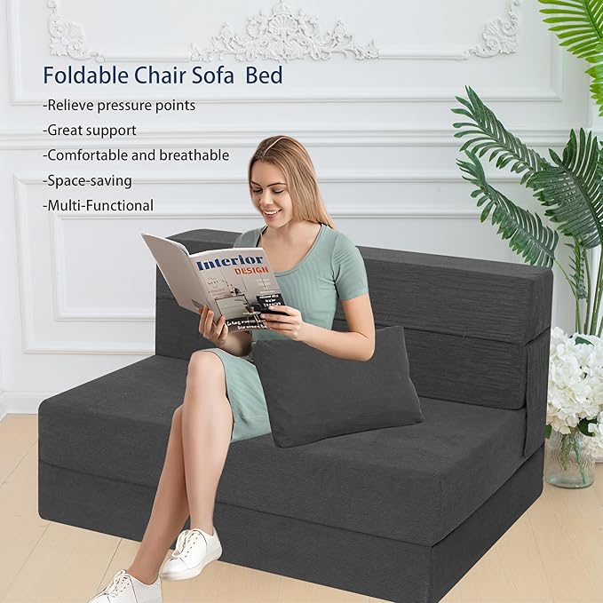 Sofa Bed Foldable Mattress ，Folding Sleeper Sofa Chair Bed Floor Mattress with Pillow for Living Room Home Office (Dark Gray -Corduroy, Twin)