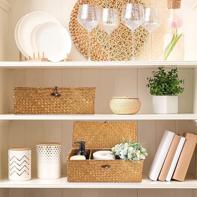 Hipiwe Seagrass Storage Basket Bin with Lid Rectangular Woven Shelf Baskets for Closets Bathroom Kitchen Shelf Organizing, Caramel, 14.2" x 6.3'' x 4.7''