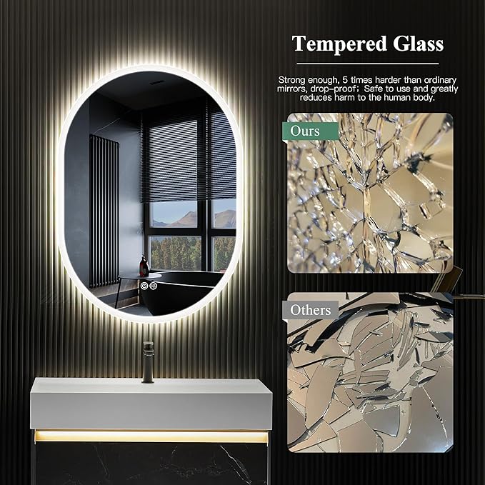 S'bagno 28x20 LED-Oval-Bathroom-Mirror, Wall-Mounted-Lighted-Bathroom-Mirror, Anti-Fog Dimmable Waterproof Vanity Mirror with Touch Switch with Lights, 3000K/4000K/6500K, Vertical or Horizontal