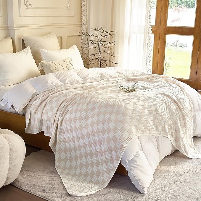 SANACYNA Muslin Blankets 100% Cotton 6-Layer Gauze Cream Cooling Blanket Lightweight Soft and Breathable Swaddle Blanket for Sofa Bed Both Sides (Cream, Baby 30"x40")