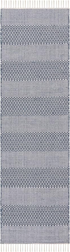 SAFAVIEH Montauk Collection Runner Rug - 2'3" x 22', Ivory & Navy, Handmade Flat Weave Boho Farmhouse Cotton Tassel Fringe, Ideal for High Traffic Areas in Living Room, Bedroom (MTK330B)