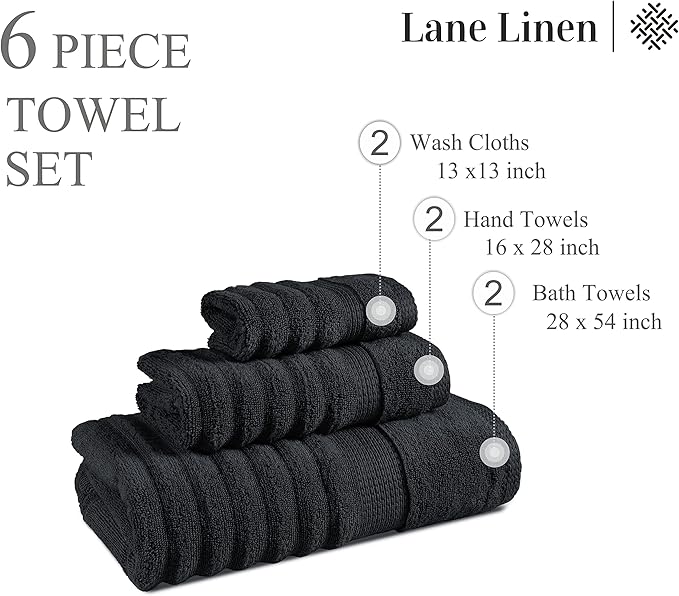 LANE LINEN Zero Twist Cotton Bath Towels - 6 Piece Set - Super Soft, Hotel Quality - 2 Bath, 2 Washcloth, 2 Hand Towels for Bathroom - Classy Look, Gentle on Skin, Ideal for Spa & Daily Use - Black