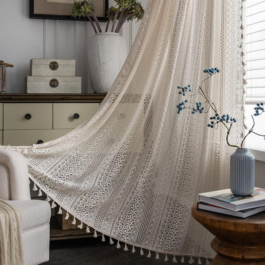 Boho Cotton Crochet Sheer Curtain — 84", Single Panel, Handmade Tassels