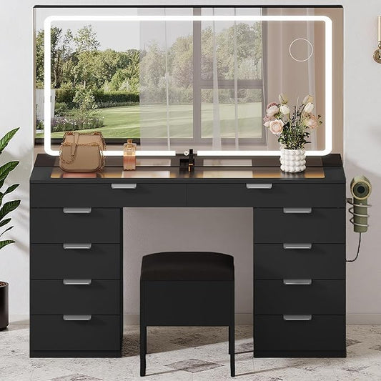 YITAHOME Vanity Desk with Large Mirror & LED Lights, 3 Light Modes Makeup Vanity Table Set with 10 Storage Drawers & Power Outlets