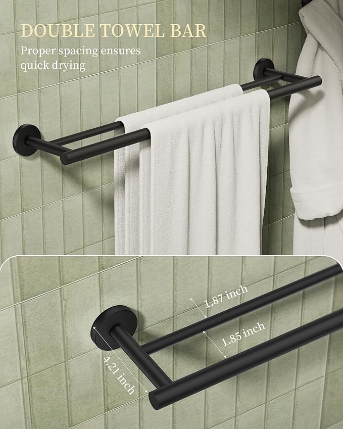 Bathroom Hardware Accessories Set 5 Pieces Matte Black 24" SUS 304 Stainless Steel Bath Double Towel Holder Bar Set Towel Rack Combination Wall Mounted for Kitchen, Laundry, Bedroom