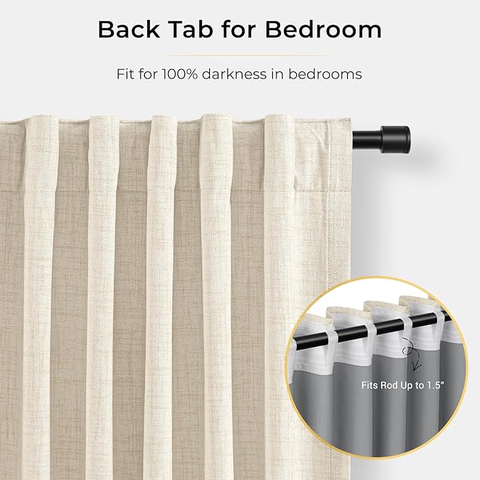 INOVADAY 100% Blackout Curtains for Bedroom, Black Out Curtains 90 Inch Long, Clip Rings Linen Blackout Drapes, Thermal Insulated Room Darkening for Living Room, 1 Panel - Cream,W102xL90