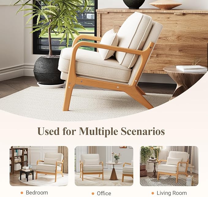 Mid-Century Accent Chair with Solid Wood Frame, Reading Relaxing Armchair Lumbar Pillow& Soft Cushion, Leisure Chair for Living Room, Bedroom, Waiting Room-Beige