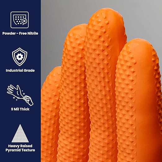 Adenna ProWorks CATCH Disposable Nitrile Gloves – 9 Mil, Heavy Duty Work Rubber Glove with Raised Pyramid Grip, Non–Latex & Powder Free, Pack of 90, 2X–Large, Orange