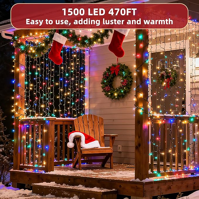 470ft Outdoor Christmas Lights, 1500 LED Super Long String Lights 12 Modes & Timer Memory, Dimmable Outsite Waterproof Light Strings for Xmas Tree Garden Wedding Party Holiday Decorations Multicolor