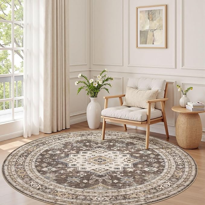 6ft Round Vintage Living Room Area Rug - 6x6 Large Soft Washable Oriental Traditional Distressed Farmhouse Rugs for Bedroom - Indoor Floor Accent Carpet for Home Office House Decor - Dark Brown