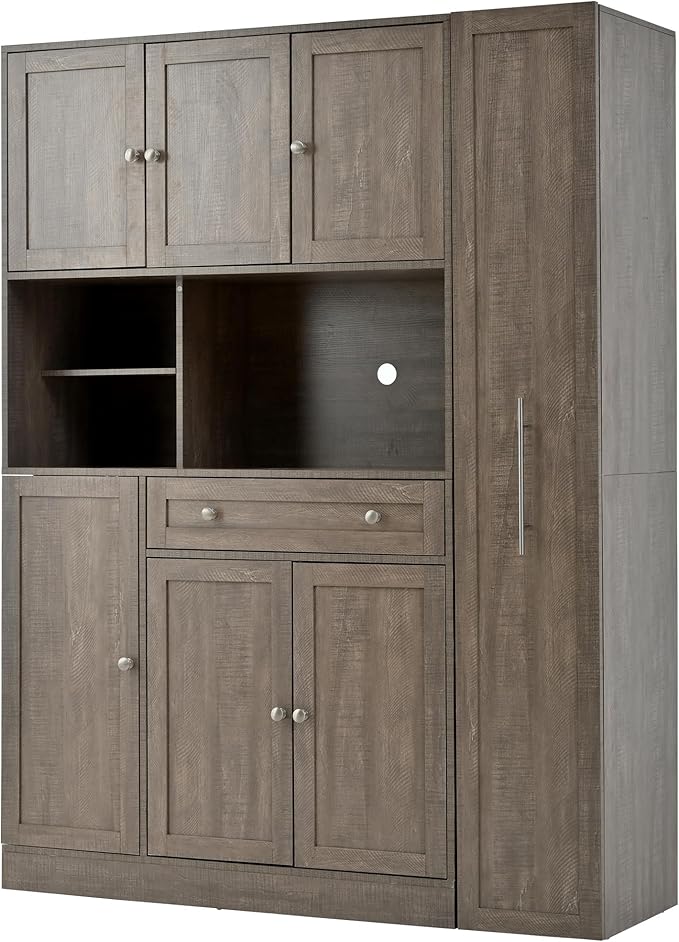 Large Kitchen Pantry Cabinet 52.8Wx17.7Dx70H inch, Freestanding Buffet with Hutch,Storage Cabinets Cupboard w/Pull-Out Side-Cabinet+ Door Shelves and Drawer, Brown