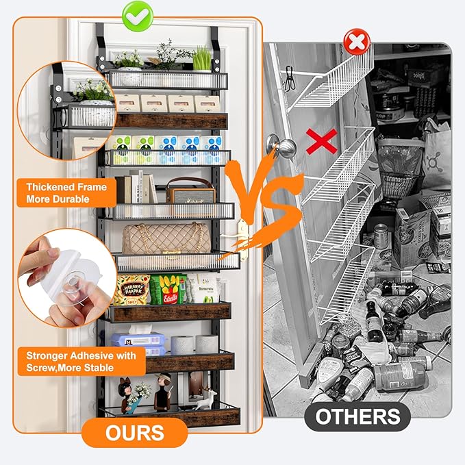 8 Tier Over the Door Pantry Organizer 2 IN 1 Hanging or Wall Mounted Spice Rack with Adjustable Basket,Heavy Duty Seasonning Storage Shelf for Kitchen Pantry and Bathroom