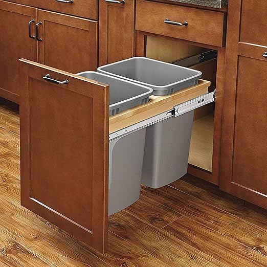 Rev-A-Shelf Top Mount Double Pullout Under Cabinet 27 Quart Kitchen Trash Cans w/ Soft Close, 150 Pound Rated Full-Extension Slides, 4WCTM-15BBSCDM2