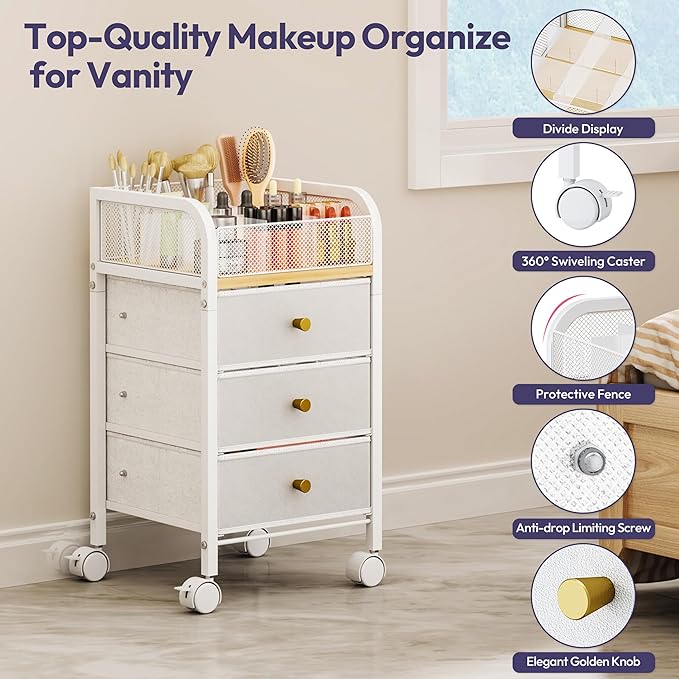 SWTYMIKI Rolling Makeup Organizer Cart - Floor Skincare Make Up Storage with 3 Non-woven Drawers, Vanity Organizer Cosmetic Display Cases Cabinet for Skin Care Perfume Nail Polish Brush Hair Tool