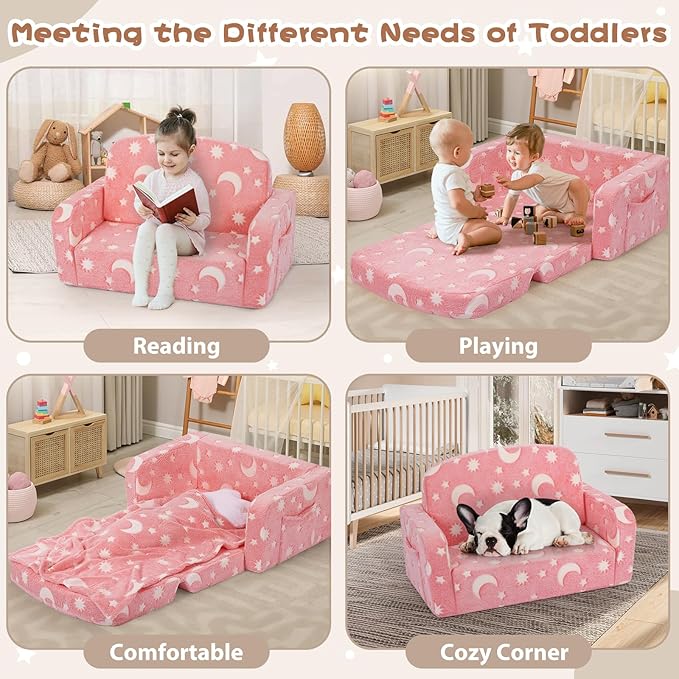 Extra Wide Kids Couch, Kids Sofa, Toddler Sofa, Glow in The Dark, 2-in-1 Soft Toddler Couch with Blanket and Pillow, Moon Style, Pink