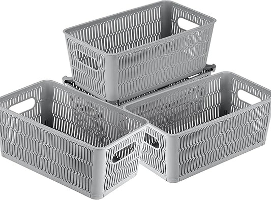 Simplify 4Pk Small Slide 2 Stack It Tote Basket | Storage & Organization | Open Bins with Stackable Capability | Bathroom | Crafts | Pantry | Playroom | Office | Grey