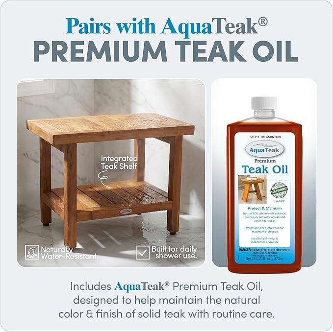 AquaTeak The Original 24" Spa Teak Shower Bench - Shower Stool with Storage Shelf & Premium Teak Oil - Durable Water Resistant Shower Chair - Shaving Foot Rest - Indoor & Outdoor Use