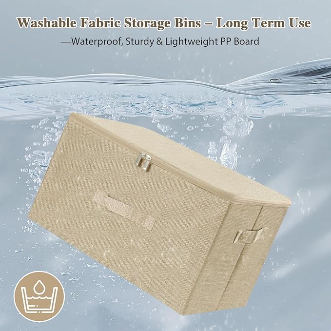 ANMINY 3PCS Storage Bins with Zipper Lids 51.9 Qt Lidded Fabric Storage Boxes Baskets Cubes with Handles Collapsible Washable Cotton Linen Closet Shelf Clothes Organizer - Beige, Extra Large