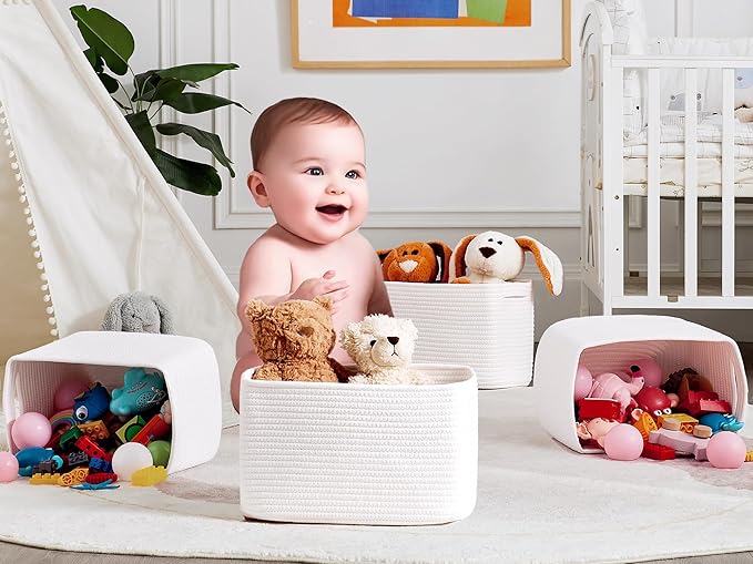 Set of 4 White Rope Basket for Shelves Woven Rectangle Storage Basket Bins for Nursery Toy Storage for Baby Girl