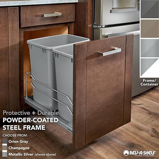 Rev-A-Shelf Double Pullout Trash Can for Base Kitchen Cabinets 27 qt. 12.5 Gallon with Soft-Close Slides, Orion Gray, 53WC-1527SCDM-213