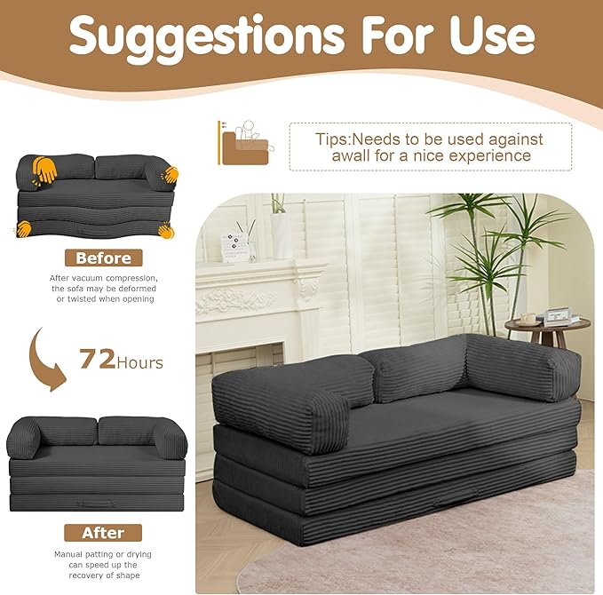 Convertible Sofa Bed Full,5-in-1 Tri-Fold Boneless Couch with Removable Armrests & Handle,Corduroy Futon Sleeper Sofa,Floor Folding Mattress Pull Out Bed for Small Space Apartment Living Room Bedroom