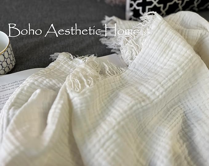 KyraHome 100% Cotton Muslin Blankets for Adults, Couch, 50"x60", Pre-Washed Plant Dyed, Breathable Lightweight Gauze Bed Blanket, All Season (White)