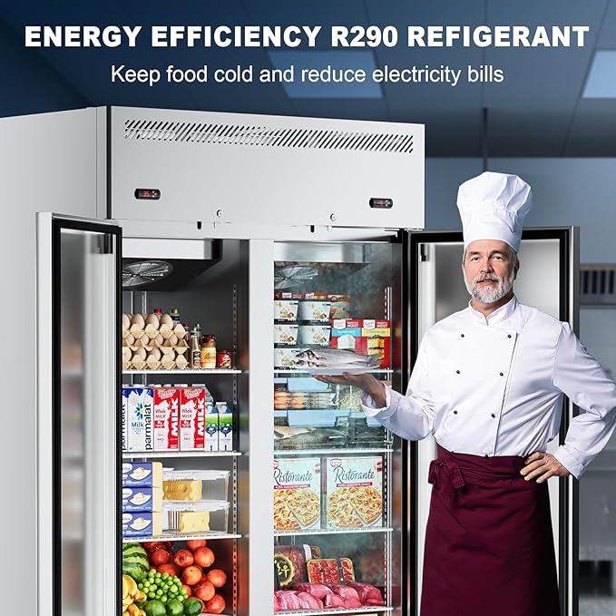 48" W 2 Door Commercial Refrigerator and Freezer Combo Stainless Steel Fan Cooling 38 Cu.ft Fridge and Freezer Dual Zones for Restaurant Bar Shop 33°F~41°F and -8℉ ~0℉, Stainless Steel Reach-in