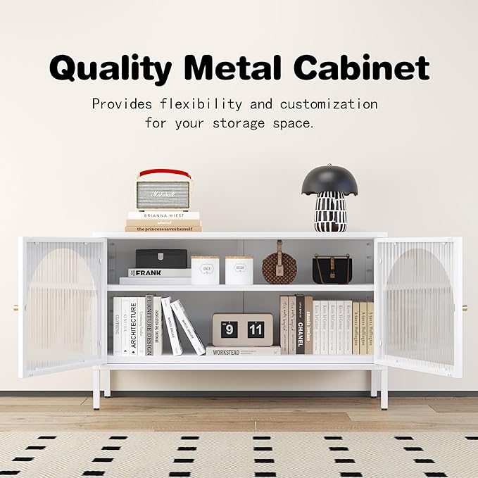 Metal TV Stand, Modern Storage Cabinet with 2 Acrylic Doors, Display Hallway Cabinet with Adjustable Shelf, Living Room Storage Cabinet for Home,Office,Entryway,Dining Room,Bedroom,White