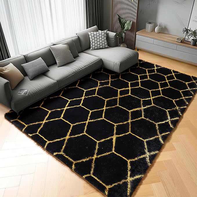 ONASAR 5x8 Rugs for Living Room Bedroom, Fluffy Black and Gold Area Rug, Geometric Boho Soft Plush Shaggy Floor Carpet Mat for Nursery Kids Girls Boys Teen Dorm Home Decor Aesthetic