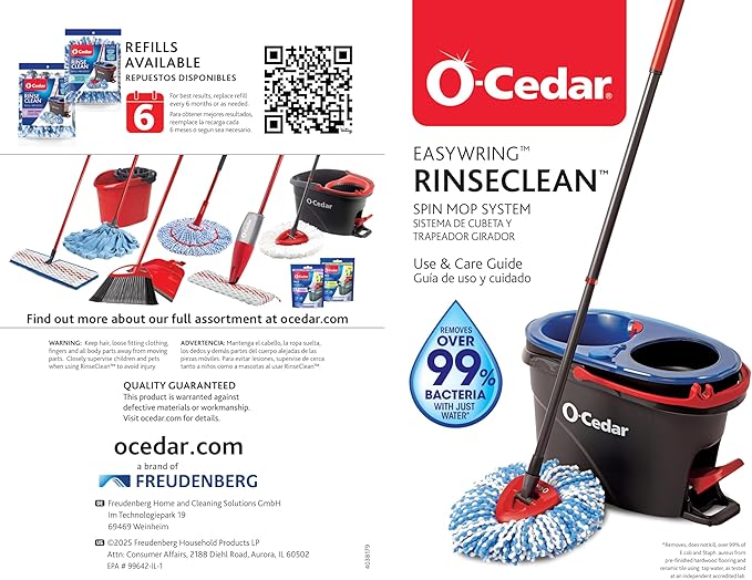 O-Cedar RinseClean Spin Mop & Bucket System + 2 Extra Mop Heads| Clean with Clean Water | Removes 99% of Bacteria