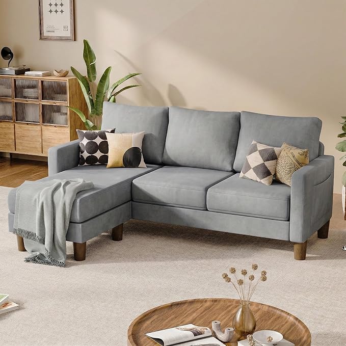 JUMMICO L Shape Sectional Sofa Couch, 3 Seat Convertible Sofa with Movable Ottoman and Side Storage Pockage, Modern Sofa Small Couches for Living Room & Apartment and Small Space (Linen, Grey)