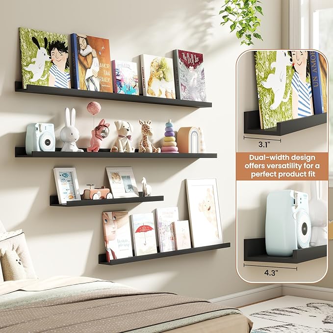 Fun Memories Picture Ledge Shelves Set of 4, 48 Inch Rustic Wall Mounted Floating Shelves with Lip for Home Storage and Décor in Bathroom, Kitchen, Nursery, Bedroom, Living Room, Black